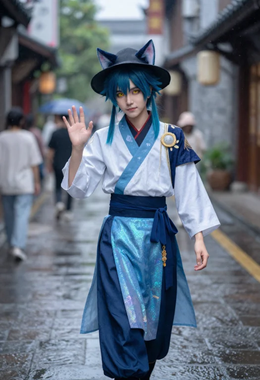 1boy, Solo, Medium Hair, Blue Hair, Half Updo, Yellow Eyes,...