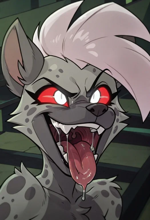 Cinder-hb, 1girl, Slight Grin, Hyena Anthro, Red Sclera, Whi...