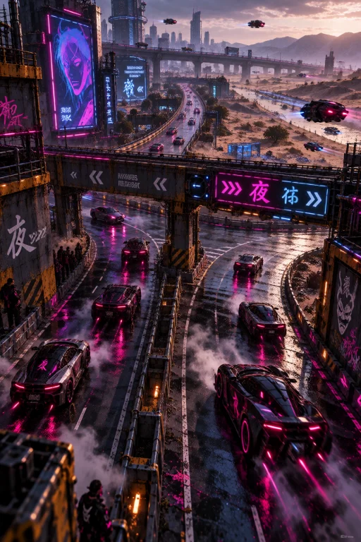 Z1os. Cyberpunk Highway Intersection With Complex Traffic Co...