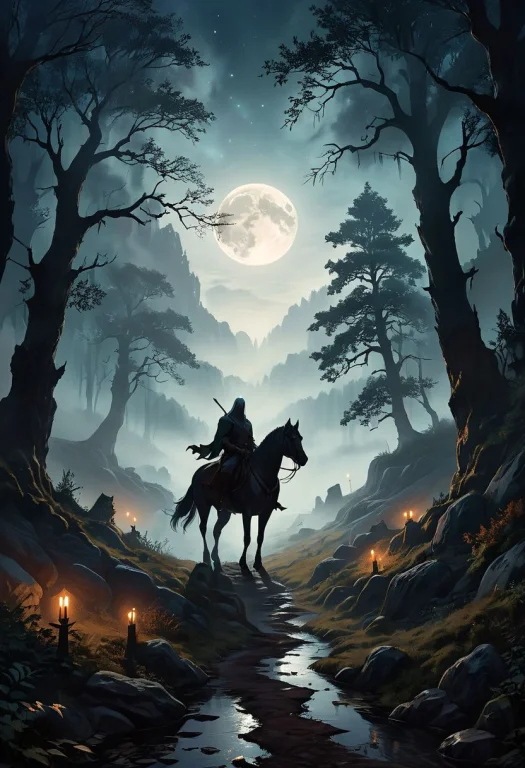 In The Tranquil Moonlit Night, A Lone Witcher Rides Through...