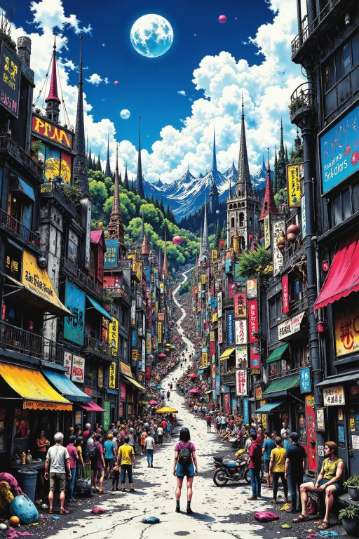 A City Full Of People Anime Landscape, Noon, Woman, Very Int...