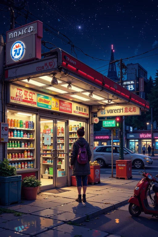 Convenience Store, Bright Luminous Starry Night, Woman, Very...