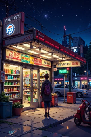 Convenience Store, Bright Luminous Starry Night, Woman, Very... — Stable Diffusion AI Prompt: convenience store, bright luminous starry night, woman, very intricate, very det...