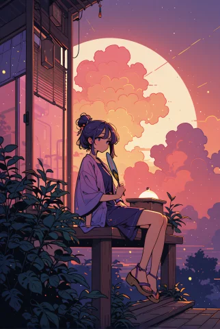 Dreamcore Anime 3D Render — Stable Diffusion AI Prompt: . A low-fidelity 3D render shows one girl in a relaxed summer veranda scene, rei...