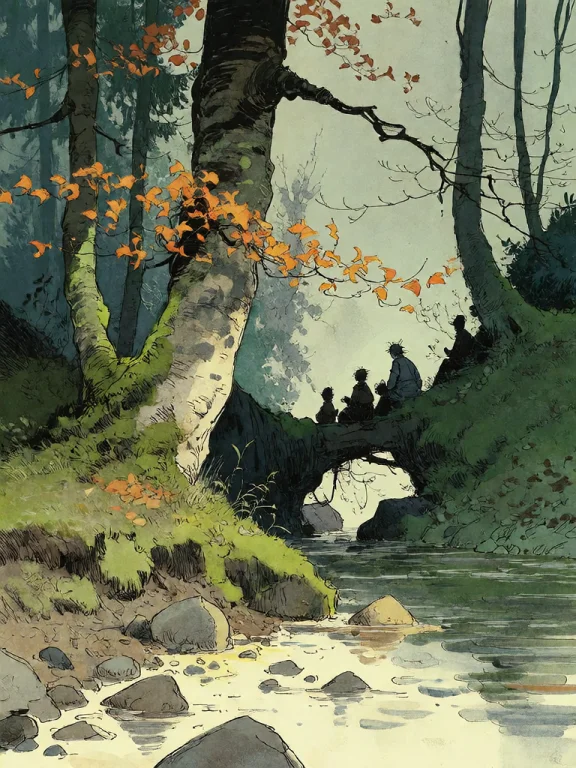 Bradhamel Art Style.the Image Depicts A Serene, Autumnal For...