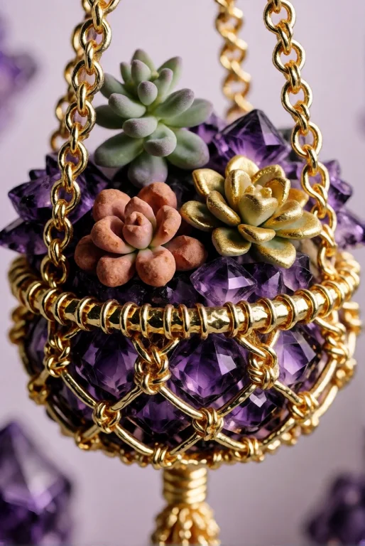 Goldamethystworld, A Hanging Macram Pot Of Thick Gold-wire W...