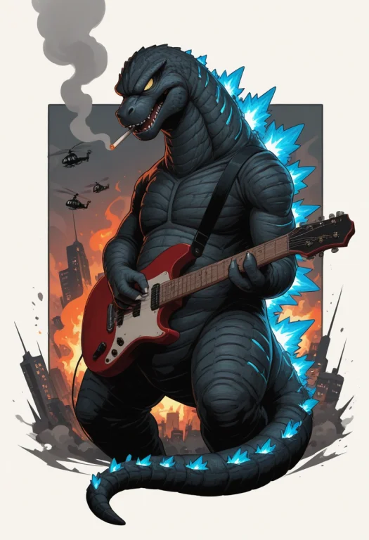 1boy, Toon Style, Godzilla, Playing Electric Guitar, Holding...