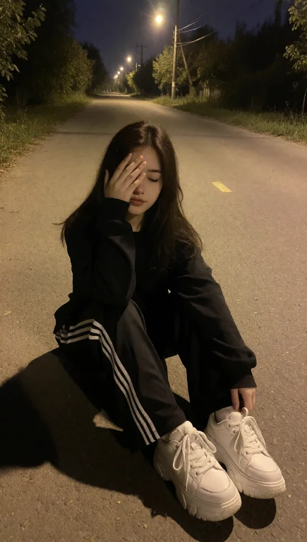 A Young Woman Sits On A Paved Road At Night, Illuminated By...