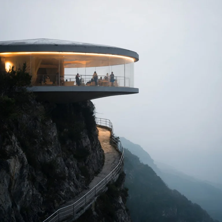 Futuristic Circular Pavilion With Some People And Warm Light...