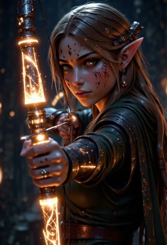 Uhd 32k Epic Fantasy Movie Still, Closeup Portrait, Photogra... — FLUX AI Prompt: UHD 32k epic fantasy movie still, closeup portrait, photograph, archery, a beaut...