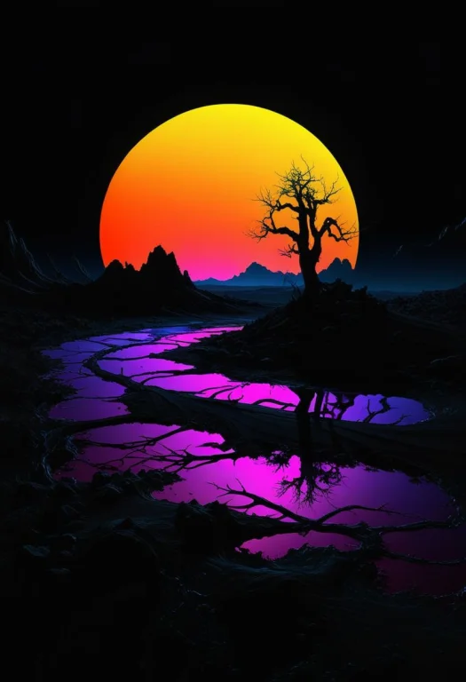 An Otherworldly Landscape In The Style Of Neon Silhouette Co...