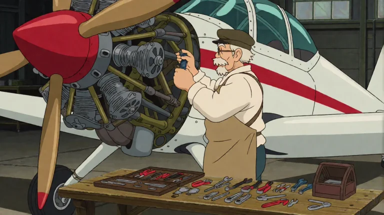 An Old Man Repairing A Small Propeller Aircraft Engine Insid...