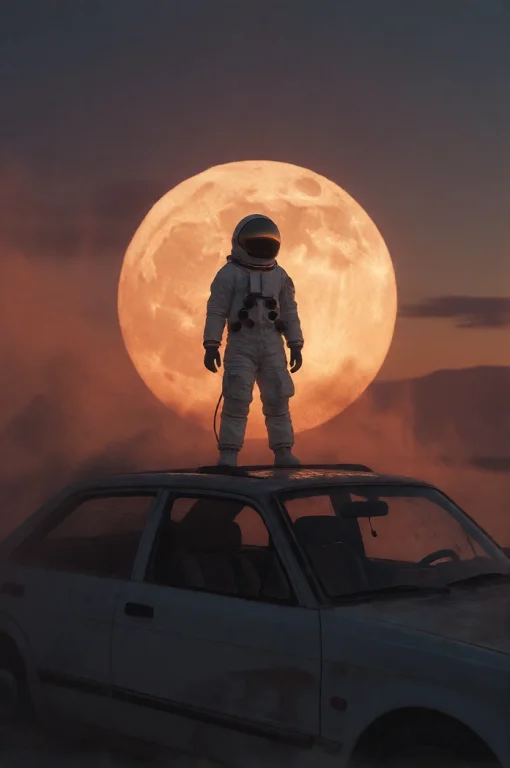 An Astronaut Standing On The Roof Of A Car In The Desert At...