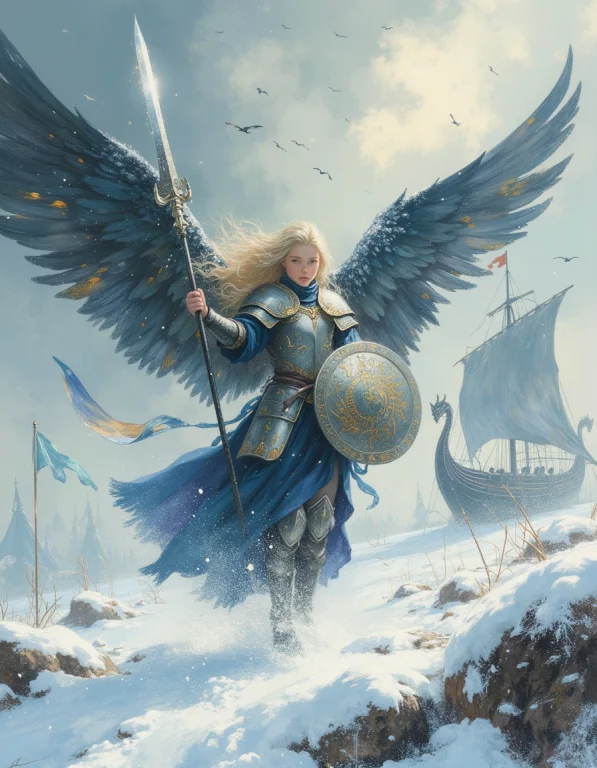 A Young Teen Valkyrie Descends From The Stormdark Sky Onto A...