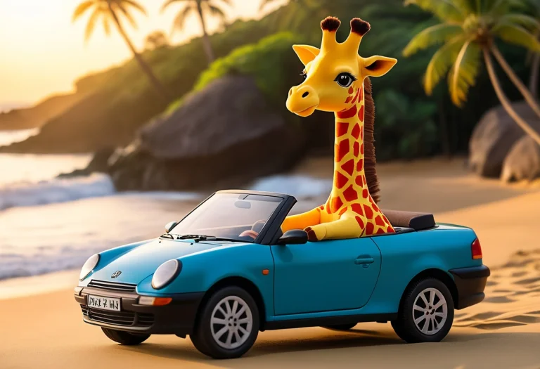 Ral-plsy,side View, Giraffe Driving A Cabriolet,sun Hat,hawa...
