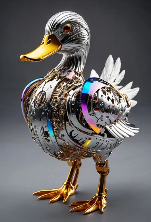 Generate A Whimsical And Futuristic Robotic Duck, Crafted Wi...