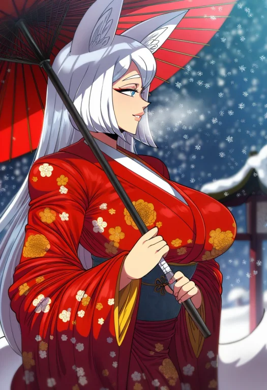Style Mullon Ill,1girl, Solo, White Hair, Fox Ears, Red Kimo...