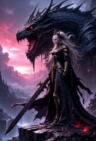 A Dark And Dramatic Fantasy Scene Featuring A Regal, Pale-ha... — Stable Diffusion AI Prompt: A dark and dramatic fantasy scene featuring a regal, pale-haired sorceress clad...