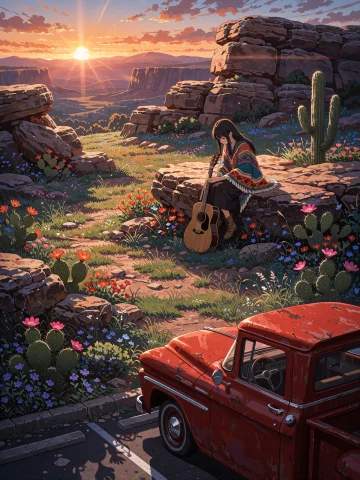 Anime Style, A Serene And Vivid Nature Scene At Sunset With... — Stable Diffusion AI Prompt: Anime style, a serene and vivid nature scene at sunset with warm orange rays cas...