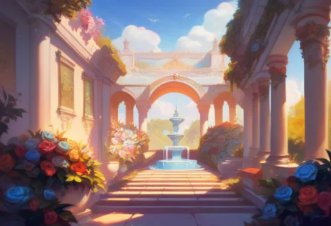 Score9, Score8up, Score7up, Score6up, A Courtyard Fountain I... — Stable Diffusion AI Prompt: score_9, score_8_up, score_7_up, score_6_up, a courtyard fountain in a sunlit Sp...
