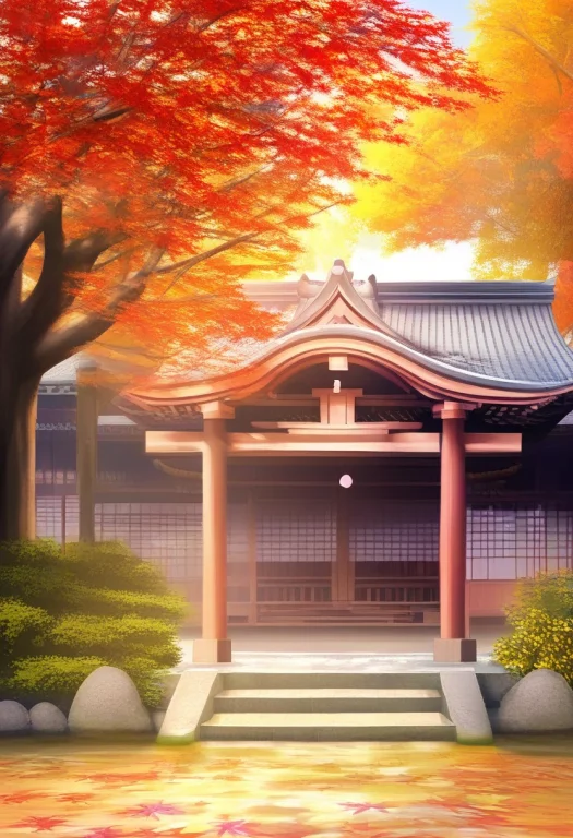 A Japanese Temple Framed By Autumn Maples, Digital Painting,...