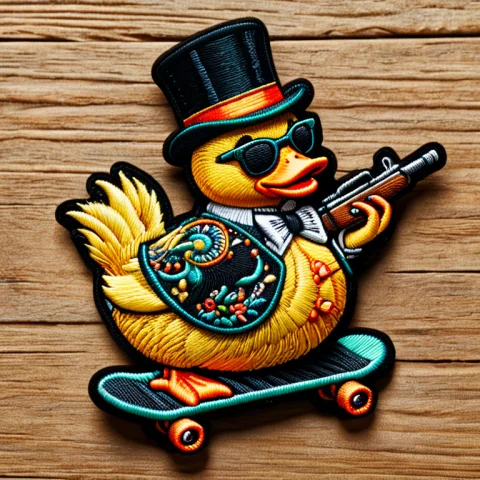 Ral-embroideredpatch, A Rubber Duck Wearing A Top Hat And Su... — SDXL AI Prompt: ral-embroideredpatch, a rubber duck wearing a top hat and sunglasses standing on...