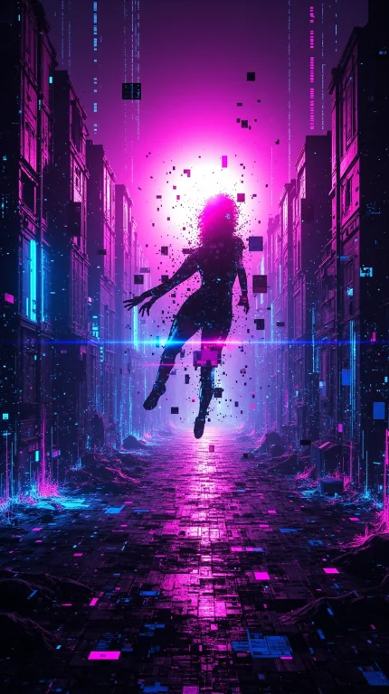 Glitchcore Digital Chaos Of A Futuristic Cityscape At Night,...