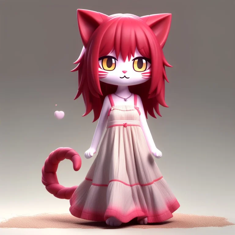 A 3d Chibi Anime Red Hair Cat Girl Wear Straw Long Dresses