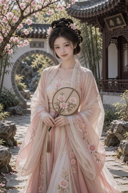 古装，盛开的粉花树下，一名年轻中国女子站在庭院石径上，双手在...