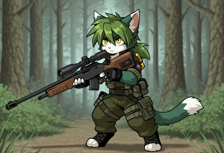 Weapon, Gun, Furry Cat, Rifle, Tail, Animal Ears, Sniper Rif...
