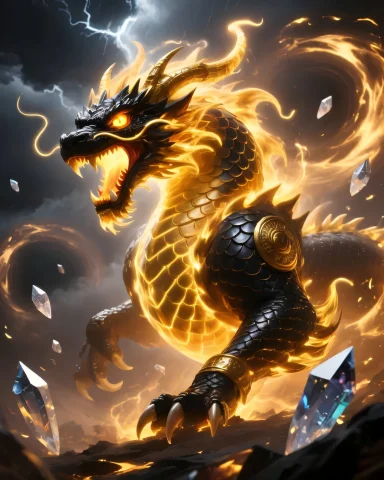 A Powerful, Fiery Dragon With Shimmering Black Scales And Go... — SDXL AI Prompt: A powerful, fiery dragon with shimmering black scales and golden accents, is dep...