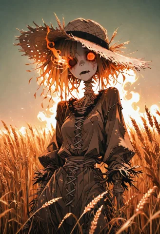 1 Girl , Scarecrow , Empty Eye , Flaming Eye , Flaming , Whe... — Stable Diffusion AI Prompt: 1 girl , scarecrow , empty eye , flaming eye , flaming , wheat field , straw hat...