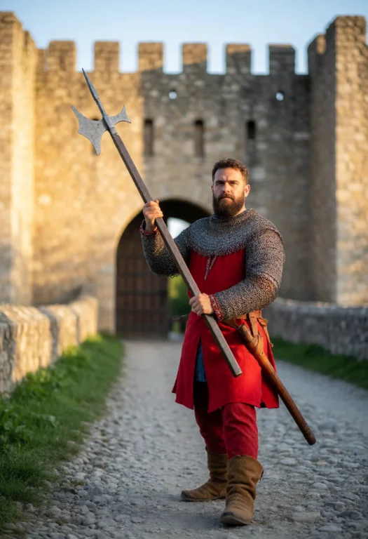 A Man-at-arms Wielding A Halberd, Both Hands On The Wooden H...