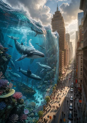 A Gigantic Ocean Stands Vertically In The Middle Of A City L... — Stable Diffusion AI Prompt: A gigantic ocean stands vertically in the middle of a city like a perfectly upri...