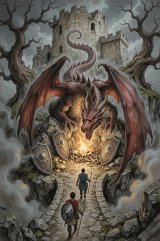 Stable Diffusion Dragon Cave Prompt — Stable Diffusion AI Prompt: apieckstyle, a dragon’s cave beneath a ruined medieval tower, with glowing treas...