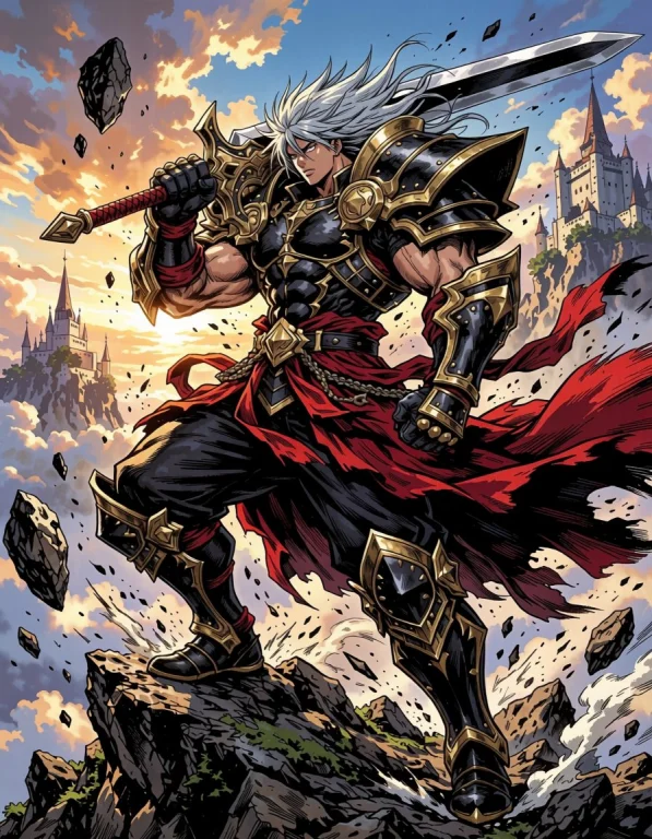 Dynamic Manga-style Illustration Of A Wildly Muscular Swords...