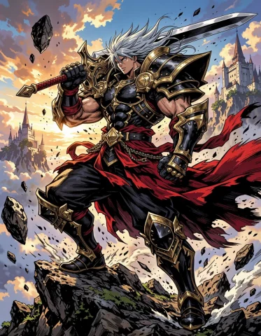 Dynamic Manga Swordsman Illustration — Stable Diffusion AI Prompt: dynamic manga-style illustration of a wildly muscular swordsman standing on a sh...