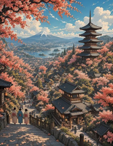 Stable Diffusion Anime Town — Stable Diffusion AI Prompt: z1os, expansive anime panorama of a traditional Japanese hillside town during c...