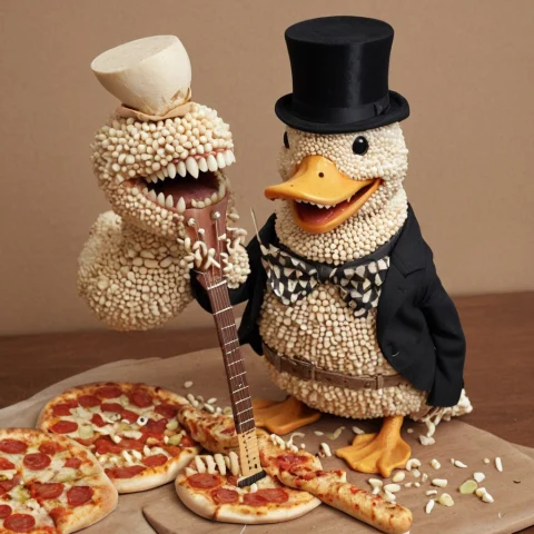 Madefromteef A Dapper Duck, Wearing A Top Hat Made Of Teeth,... — SDXL AI Prompt: made_from_teef a dapper duck, wearing a top hat made of teeth, playing a guitar...