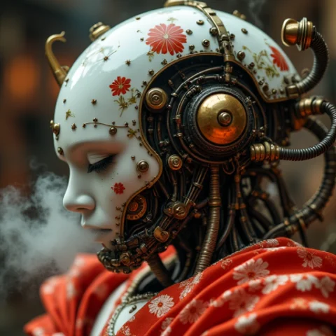 Cpstyle01, A Close-up Of A Japanese-inspired Robot, Composed... — FLUX AI Prompt: cpstyle01, A close-up of a Japanese-inspired robot, composed of intricate pipes...