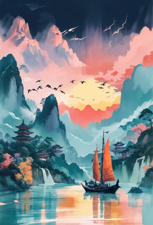 Enhanceimage, Serene Sail - Title Temple In The Sky, Ukiyo-e...