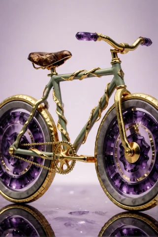 Goldamethystworld, A Bicycle Leaning Against Nothing, Frame... — Stable Diffusion AI Prompt: GoldAmethystWorld, a bicycle leaning against nothing, frame of twisted sage-gold...