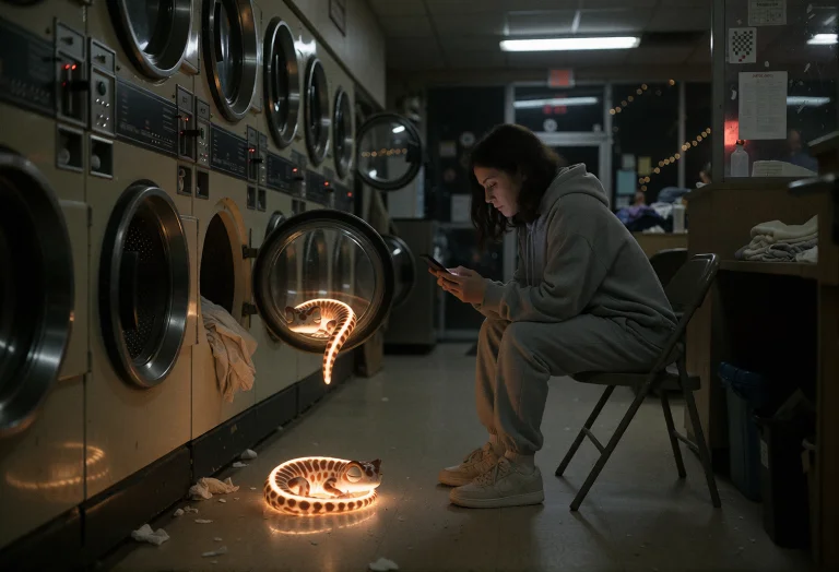 A Dim, Fluorescent-lit Laundromat At Night, Rows Of Spinning...