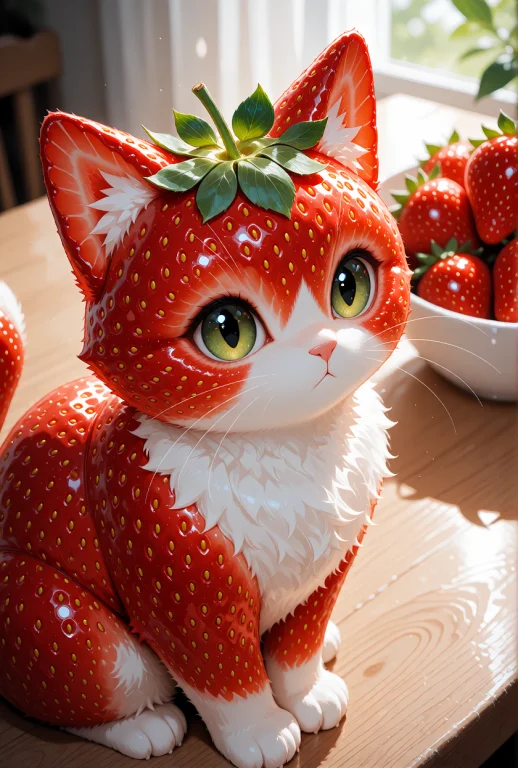 A Hybrid Strawberry-cat Creature, A Whimsical Food-animal Fu...