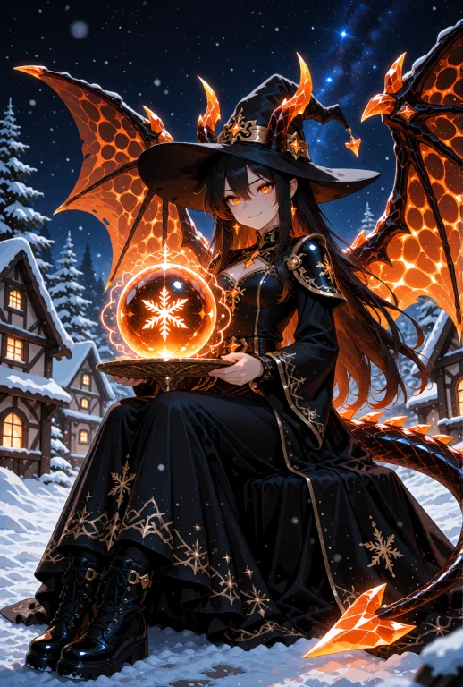 A Demon Girl With Long Black Hair And Glowing Orange Eyes, S...