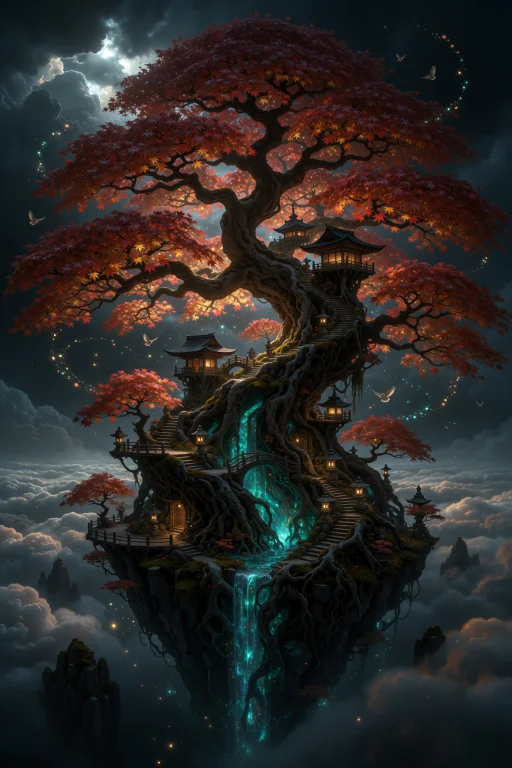 A Colossal Ancient Maple Tree Rises From A Tiny Floating Isl...