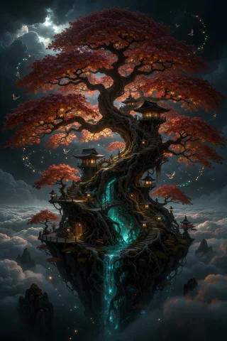 A Colossal Ancient Maple Tree Rises From A Tiny Floating Isl... — Stable Diffusion AI Prompt: A colossal ancient maple tree rises from a tiny floating island high above an en...
