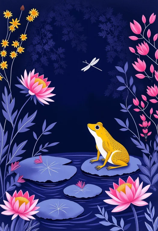 Style Of Rob Ryan, Illustration, A Frog Sits On A Water Lily...