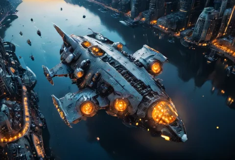 Space City Spaceship Flying Over — SDXL AI Prompt: A massive, light-blue and grey spaceship, featuring intricate hull details and g...