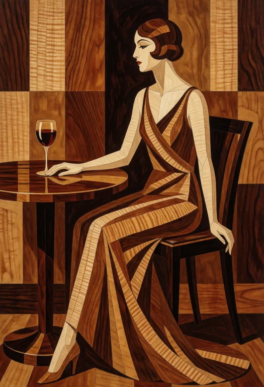 Art Deco Marquetry Illustration, Intricate Wood Inlay Art, S...
